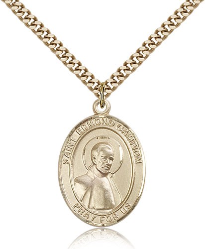 St. Edmund Campion Medal, Gold Filled, Large - 24&quot; 2.4mm Gold Plated Chain + Clasp