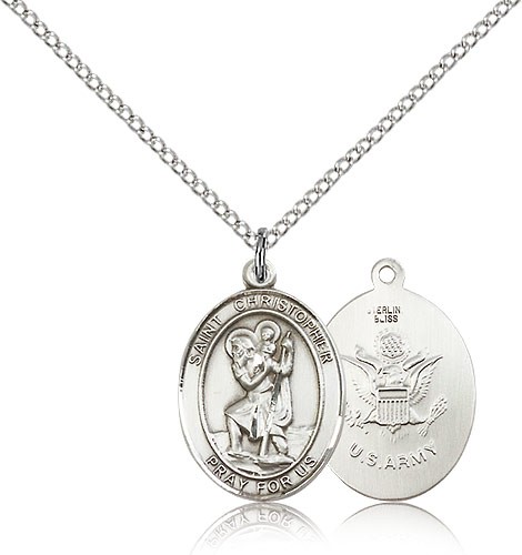 St. Christopher Army Medal, Sterling Silver, Medium - 18&quot; 1.2mm Sterling Silver Chain + Clasp