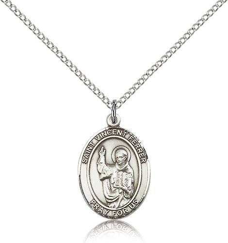 St. Vincent Ferrer Medal, Sterling Silver, Medium - 18&quot; 1.2mm Sterling Silver Chain + Clasp