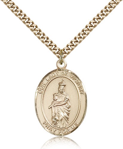 Our Lady of Victory Medal, Gold Filled, Large - 24&quot; 2.4mm Gold Plated Chain + Clasp