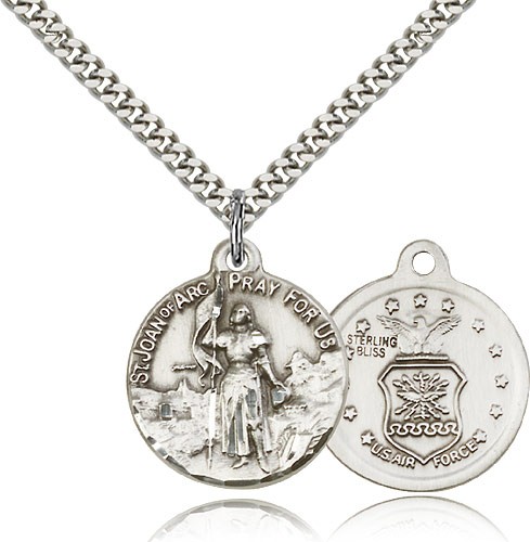 St. Joan of Arc Air Force Medal, Sterling Silver - 24&quot; 2.4mm Rhodium Plate Endless Chain