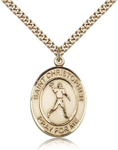 St. Christopher Football Medal, Gold Filled, Large - 24&quot; 2.4mm Gold Plated Chain + Clasp