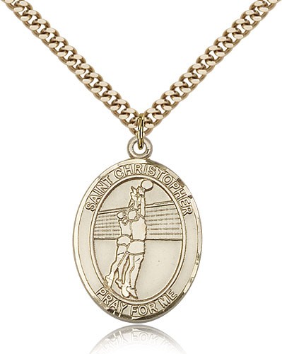 St. Christopher Volleyball Medal, Gold Filled, Large - 24&quot; 2.4mm Gold Plated Chain + Clasp