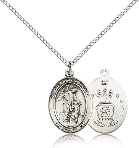 Guardian Angel Air Force Medal, Sterling Silver, Medium - 18&quot; 1.2mm Sterling Silver Chain + Clasp