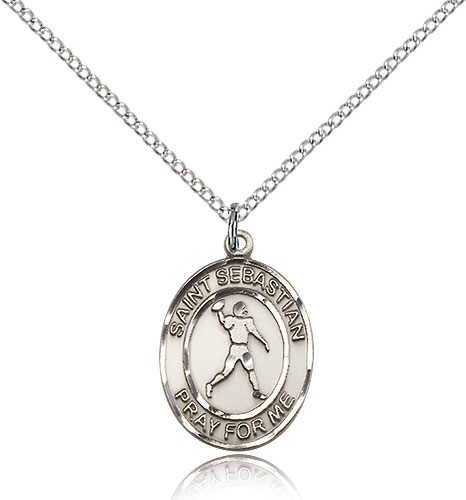 St. Sebastian Football Medal, Sterling Silver, Medium - 18&quot; 1.2mm Sterling Silver Chain + Clasp