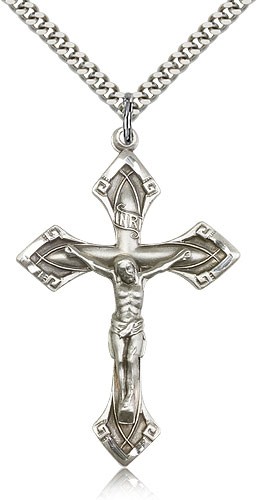 Crucifix Pendant, Sterling Silver - 24&quot; 2.4mm Rhodium Plate Endless Chain