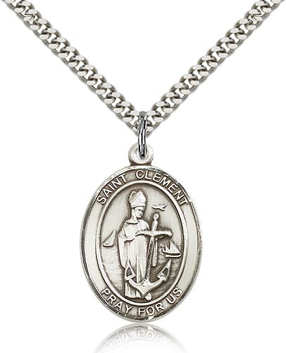 St. Clement Medal, Sterling Silver, Large - 24&quot; 2.4mm Rhodium Plate Chain + Clasp