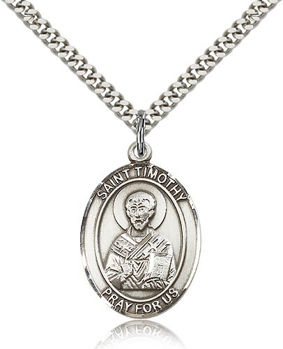 St. Timothy Medal, Sterling Silver, Large - 24&quot; 2.4mm Rhodium Plate Chain + Clasp