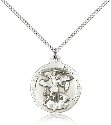 St. Michael the Archangel Medal, Sterling Silver - 18&quot; 1.2mm Sterling Silver Chain + Clasp