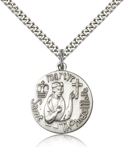 St. Thomas More Medal, Sterling Silver - 24&quot; 2.4mm Rhodium Plate Endless Chain