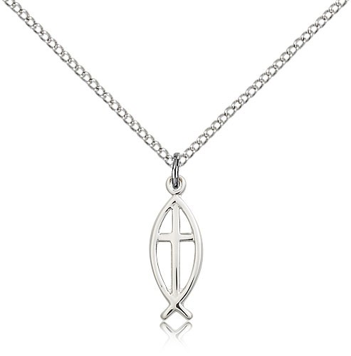 Fish Cross Pendant, Sterling Silver - 18&quot; 1.2mm Sterling Silver Chain + Clasp