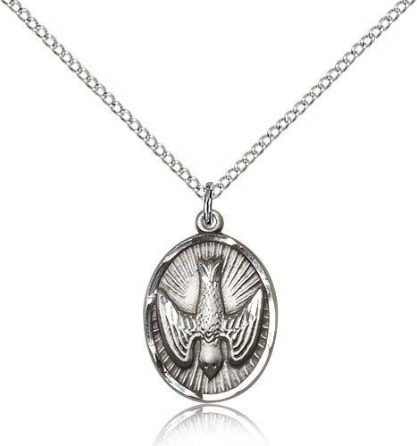 Holy Spirit Medal, Sterling Silver - 18&quot; 1.2mm Sterling Silver Chain + Clasp