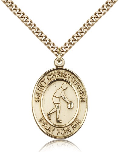 St. Christopher Basketball Medal, Gold Filled, Large - 24&quot; 2.4mm Gold Plated Chain + Clasp