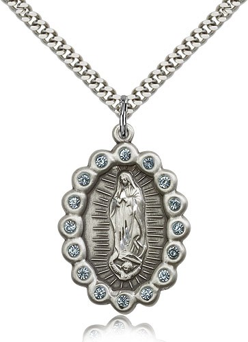 Our Lady of Guadalupe Medal, Sterling Silver - 24&quot; 2.4mm Rhodium Plate Endless Chain