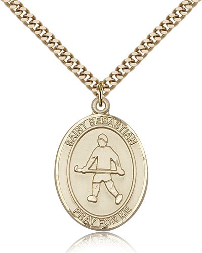 St. Sebastian Field Hockey Medal, Gold Filled, Large - 24&quot; 2.4mm Gold Plated Chain + Clasp