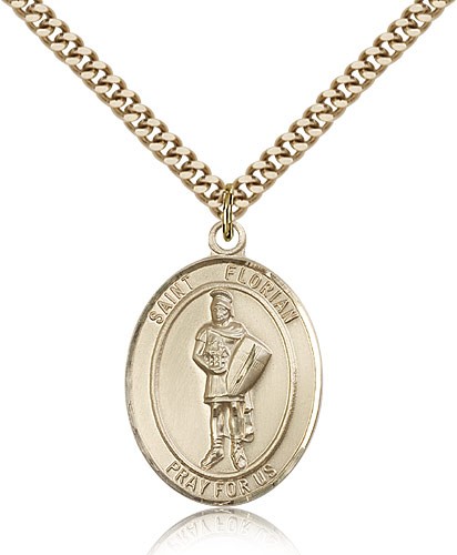 St. Florian Medal, Gold Filled, Large - 24&quot; 2.4mm Gold Plated Chain + Clasp