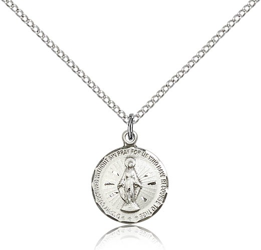 Miraculous Medal, Sterling Silver - 18&quot; 1.2mm Sterling Silver Chain + Clasp