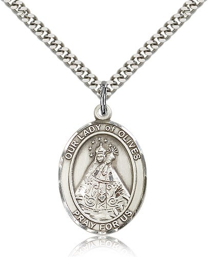 Our Lady of Olives Medal, Sterling Silver, Large - 24&quot; 2.4mm Rhodium Plate Chain + Clasp