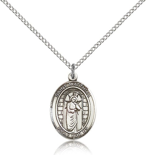St. Matthias the Apostle Medal, Sterling Silver, Medium - 18&quot; 1.2mm Sterling Silver Chain + Clasp