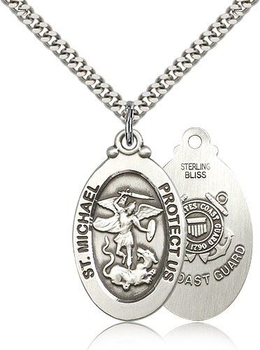 St. Michael Coast Guard Medal, Sterling Silver - 24&quot; 2.4mm Rhodium Plate Endless Chain