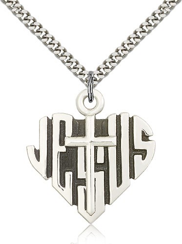 Heart of Jesus Cross Pendant, Sterling Silver - 24&quot; 2.4mm Rhodium Plate Endless Chain