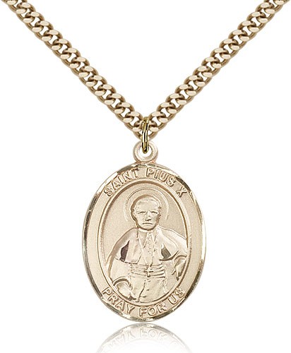 St. Pius X Medal, Gold Filled, Large - 24&quot; 2.4mm Gold Plated Chain + Clasp