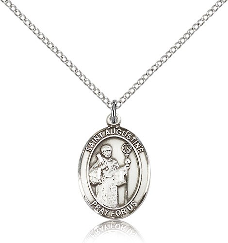 St. Augustine Medal, Sterling Silver, Medium - 18&quot; 1.2mm Sterling Silver Chain + Clasp