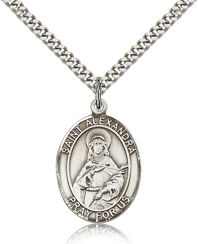 St. Alexandra Medal, Sterling Silver, Large - 24&quot; 2.4mm Rhodium Plate Chain + Clasp