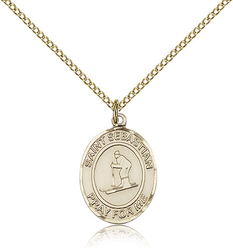 St. Sebastian Skiing Medal, Gold Filled, Medium - Gold-tone