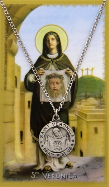 Round St. Veronica  Medal and Prayer Card Set - Silver-tone