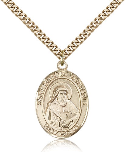 St. Bede the Venerable Medal, Gold Filled, Large - 24&quot; 2.4mm Gold Plated Chain + Clasp
