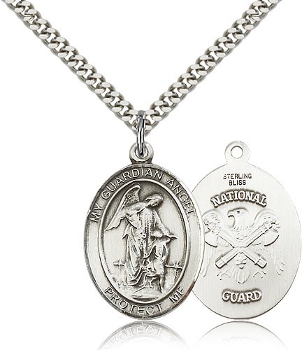 Guardian Angel National Guard Medal, Sterling Silver, Large - 24&quot; 2.4mm Rhodium Plate Chain + Clasp