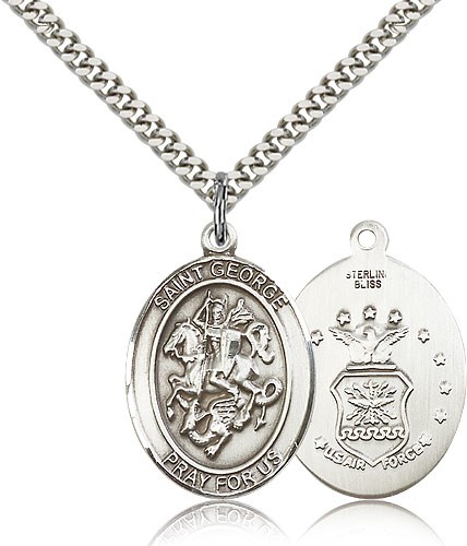 St. George Air Force Medal, Sterling Silver, Large - 24&quot; 2.4mm Rhodium Plate Chain + Clasp