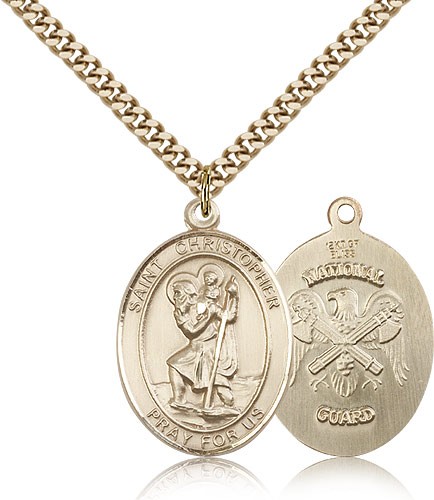 St. Christopher National Guard Medal, Gold Filled, Large - 24&quot; 2.4mm Gold Plated Chain + Clasp