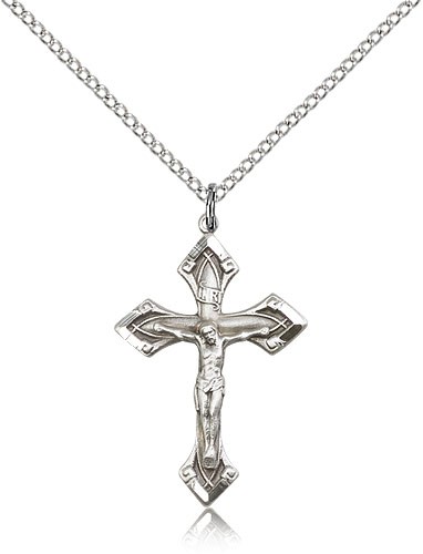 Crucifix Pendant, Sterling Silver - 18&quot; 1.2mm Sterling Silver Chain + Clasp