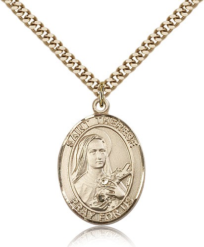 St. Therese of Lisieux Medal, Gold Filled, Large - 24&quot; 2.4mm Gold Plated Chain + Clasp