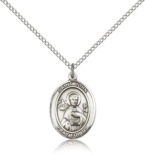 St. John the Apostle Medal, Sterling Silver, Medium - 18&quot; 1.2mm Sterling Silver Chain + Clasp