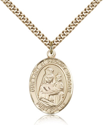 Our Lady of Prompt Succor Medal, Gold Filled, Large - 24&quot; 2.4mm Gold Plated Chain + Clasp