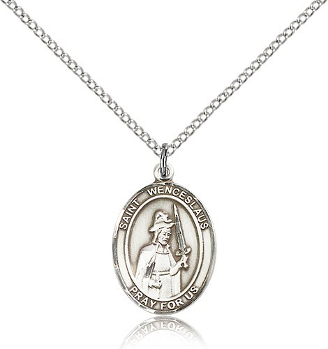 St. Wenceslaus Medal, Sterling Silver, Medium - 18&quot; 1.2mm Sterling Silver Chain + Clasp