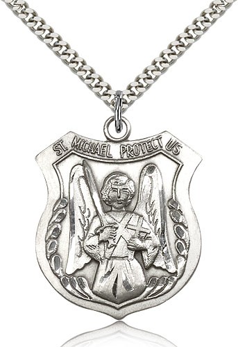 St. Michael the Archangel Medal, Sterling Silver - 24&quot; 2.4mm Rhodium Plate Endless Chain