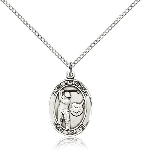 St. Sebastian Golf Medal, Sterling Silver, Medium - 18&quot; 1.2mm Sterling Silver Chain + Clasp