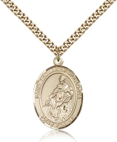 St. Thomas of Villanova Medal, Gold Filled, Large - 24&quot; 2.4mm Gold Plated Chain + Clasp