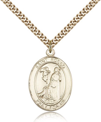 St. Rocco Medal, Gold Filled, Large - 24&quot; 2.4mm Gold Plated Chain + Clasp