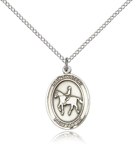 St. Kateri Equestrian Medal, Sterling Silver, Medium - 18&quot; 1.2mm Sterling Silver Chain + Clasp