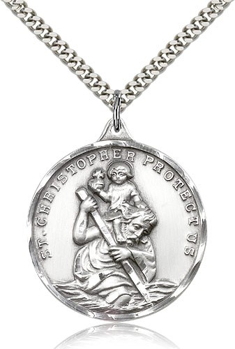 St. Christopher Medal, Sterling Silver - 24&quot; 2.4mm Rhodium Plate Endless Chain