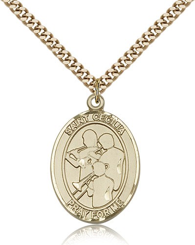 St. Cecilia Marching Band Medal, Gold Filled, Large - 24&quot; 2.4mm Gold Plated Chain + Clasp