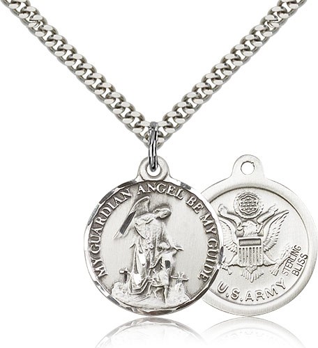 Army Guardian Angel Medal, Sterling Silver - 24&quot; 2.4mm Rhodium Plate Endless Chain