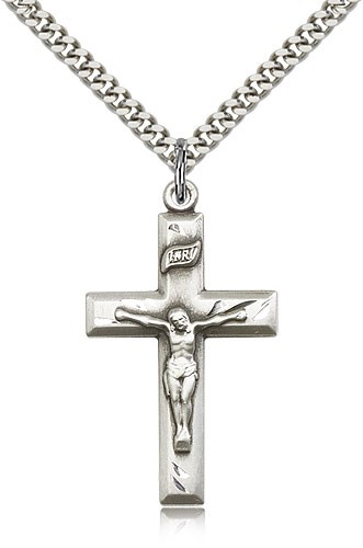 Crucifix Pendant, Sterling Silver - 24&quot; 2.4mm Rhodium Plate Endless Chain