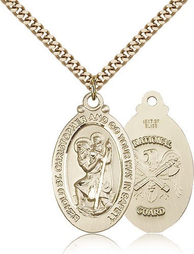 St. Christopher National Guard Medal, Gold Filled - 24&quot; 2.4mm Gold Plated Endless Chain