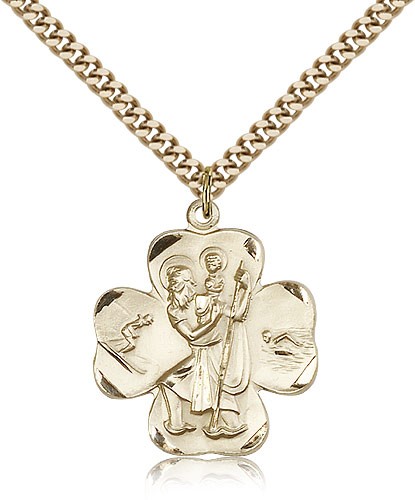 Men's 14kt Gold Filled Clover Leaf Saint Christopher Necklace - 24&quot; 2.4mm Gold Plated Endless Chain